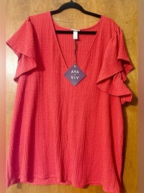 Target Red Textured V-Neck Flutter Sleeve Top